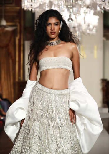 White Net Bridal Lehenga With Beads And Cutdana Embroidery