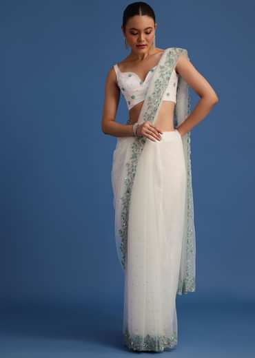 White Net Cutdana And Sequin Embroidered Saree