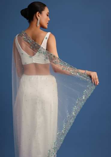 White Net Cutdana And Sequin Embroidered Saree