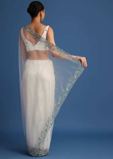 White Net Cutdana And Sequin Embroidered Saree