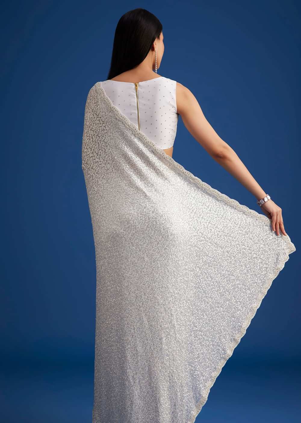 White Net Sequins Saree with Scalloped Embroidered Border