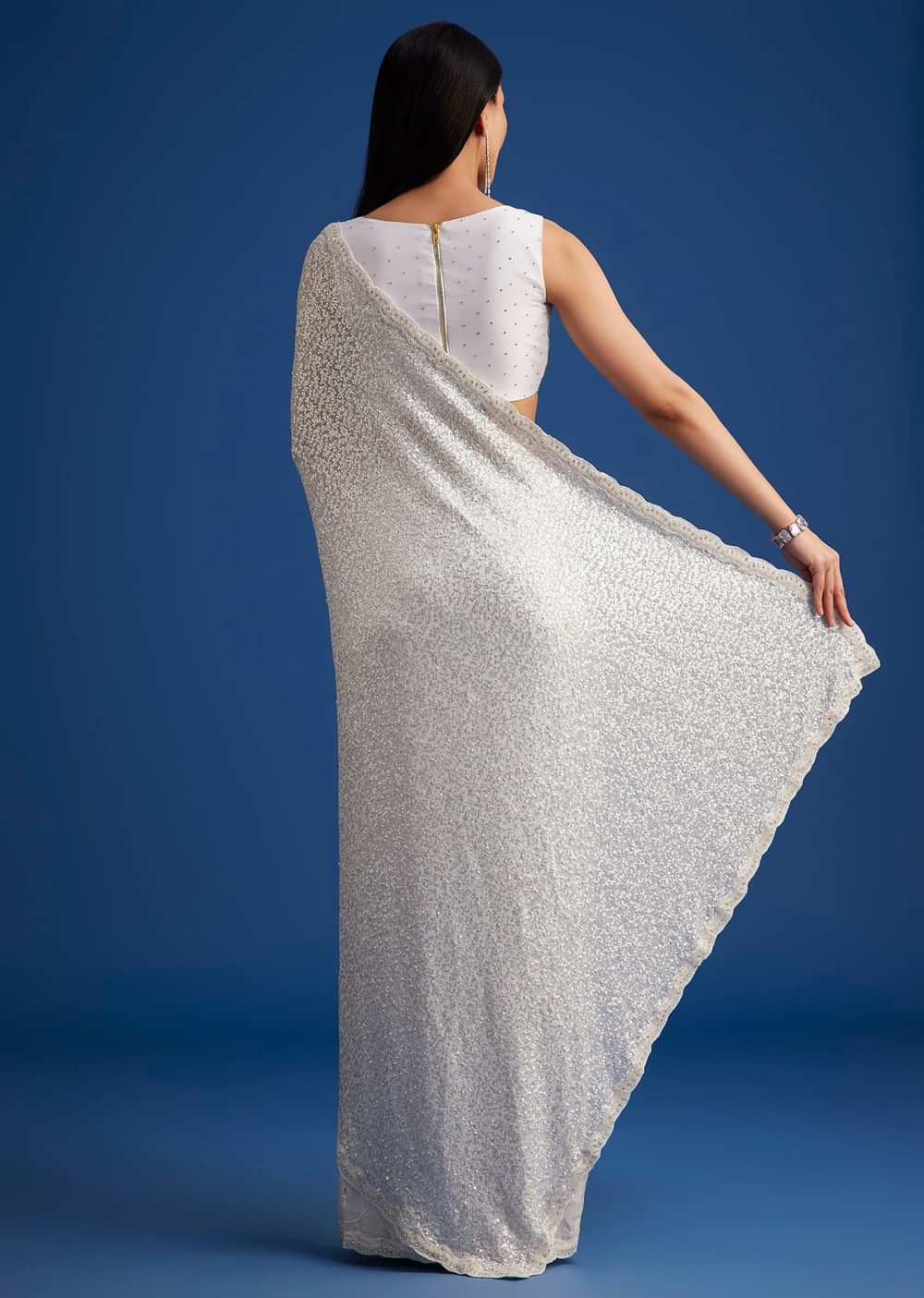 White Net Sequins Saree with Scalloped Embroidered Border