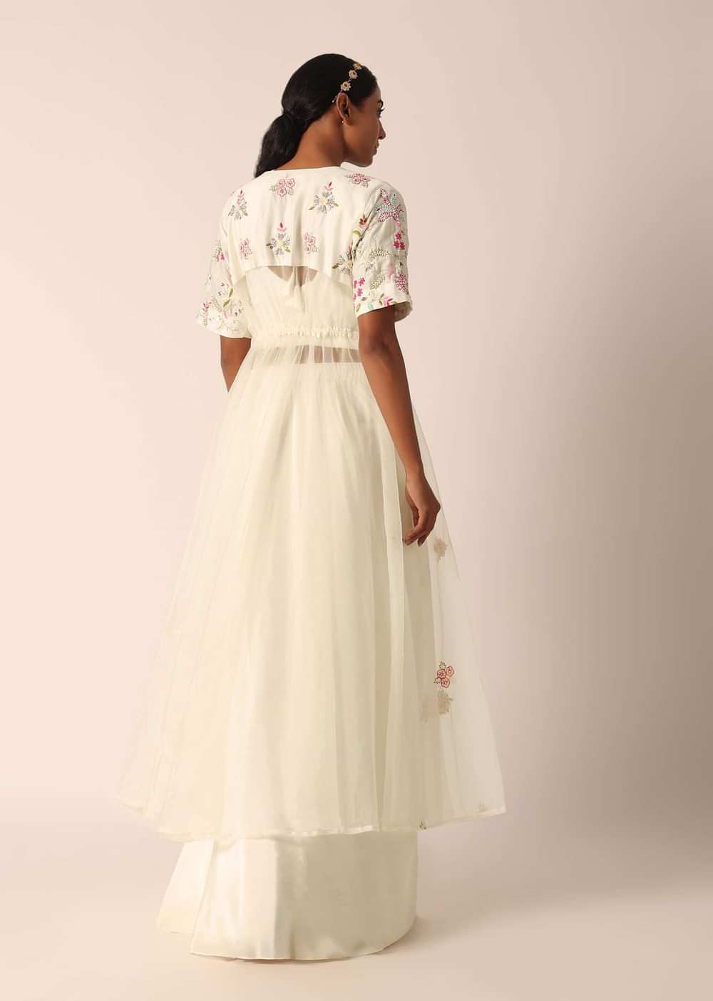 White Organza Jacket And Silk Lehenga Set With Embroidered Detail