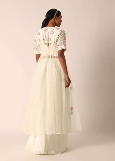 White Organza Jacket And Silk Lehenga Set With Embroidered Detail