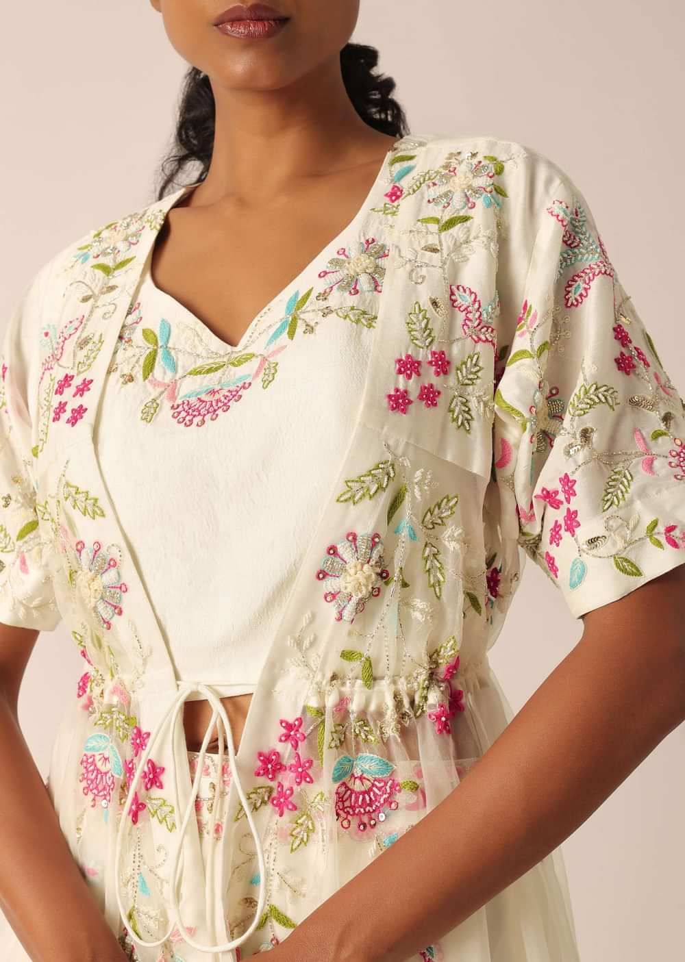 White Organza Jacket And Silk Lehenga Set With Embroidered Detail