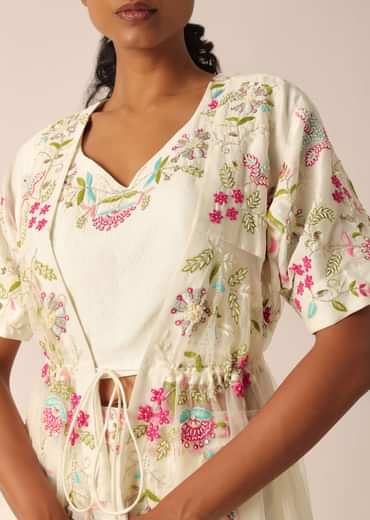 White Organza Jacket And Silk Lehenga Set With Embroidered Detail