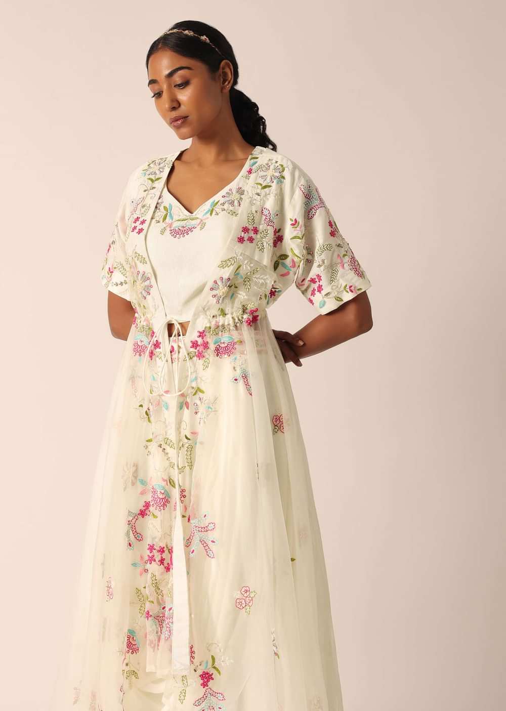 White Organza Jacket And Silk Lehenga Set With Embroidered Detail