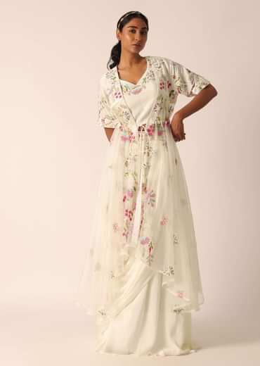 White Organza Jacket And Silk Lehenga Set With Embroidered Detail
