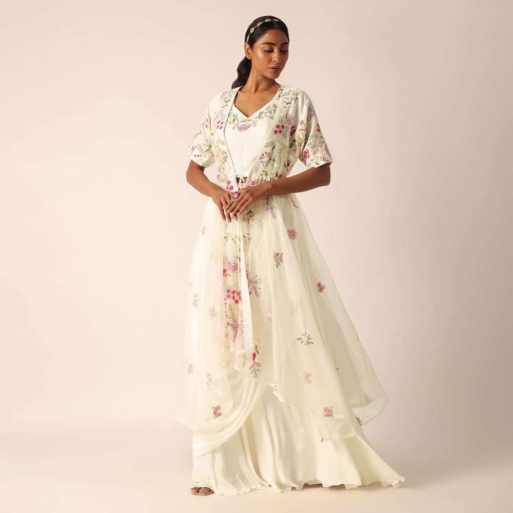White Organza Jacket And Silk Lehenga Set With Embroidered Detail