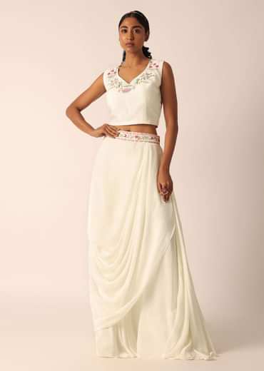 White Organza Jacket And Silk Lehenga Set With Embroidered Detail