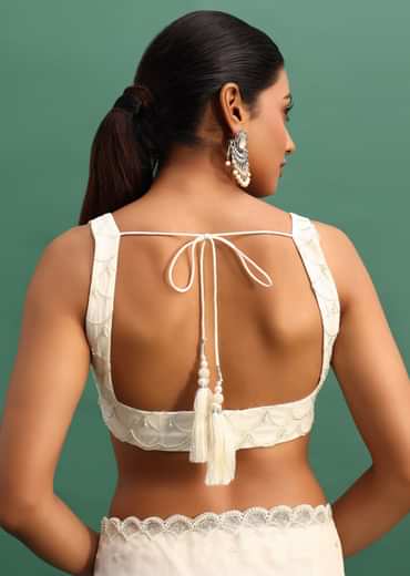 White Organza Saree With Beads And Cutdana Embroidery And Unstitched Blouse