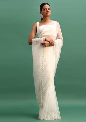 White Organza Saree With Beads And Cutdana Embroidery And Unstitched Blouse