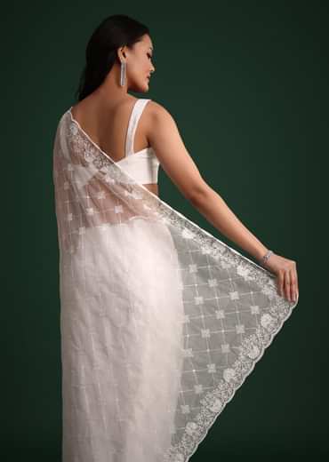 White Organza Saree With Cutdana And Sequin Embroidery