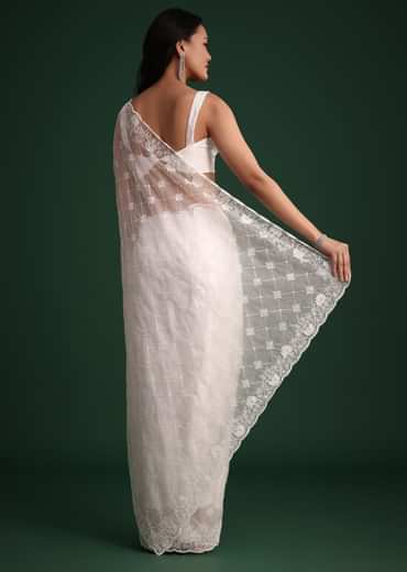 White Organza Saree With Cutdana And Sequin Embroidery