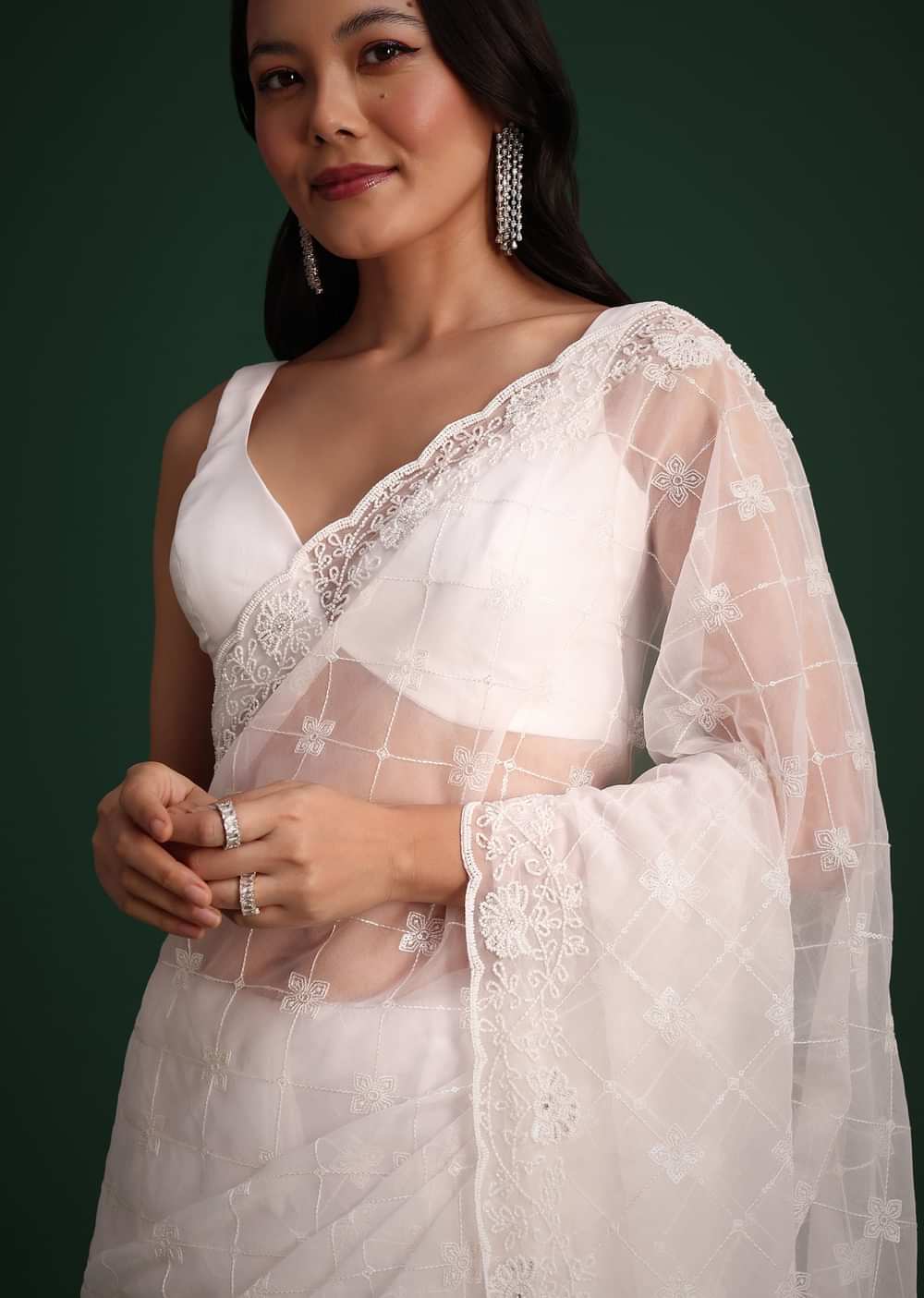 White Organza Saree With Cutdana And Sequin Embroidery