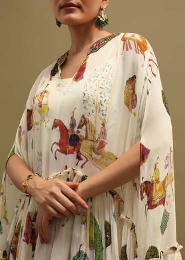 White Printed Georgette Crop Top And Sharara Set