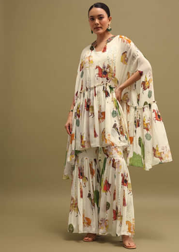 White Printed Georgette Crop Top And Sharara Set