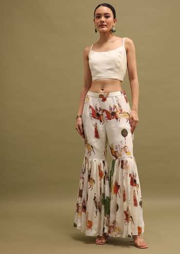 White Printed Georgette Crop Top And Sharara Set