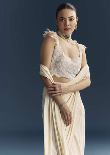 White Ready Pleated Saree With Cutdana Work