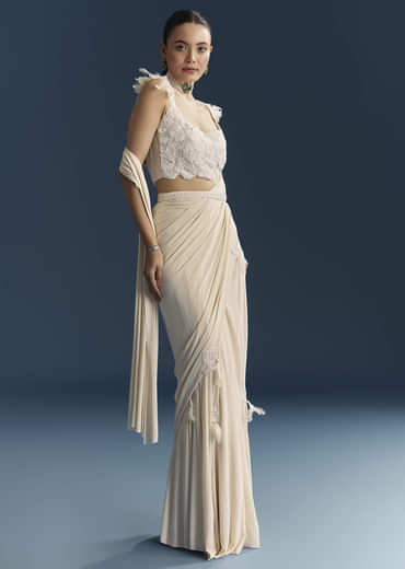 White Ready Pleated Saree With Cutdana Work