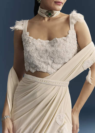 White Ready Pleated Saree With Cutdana Work