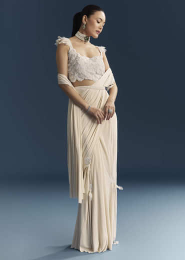 White Ready Pleated Saree With Cutdana Work