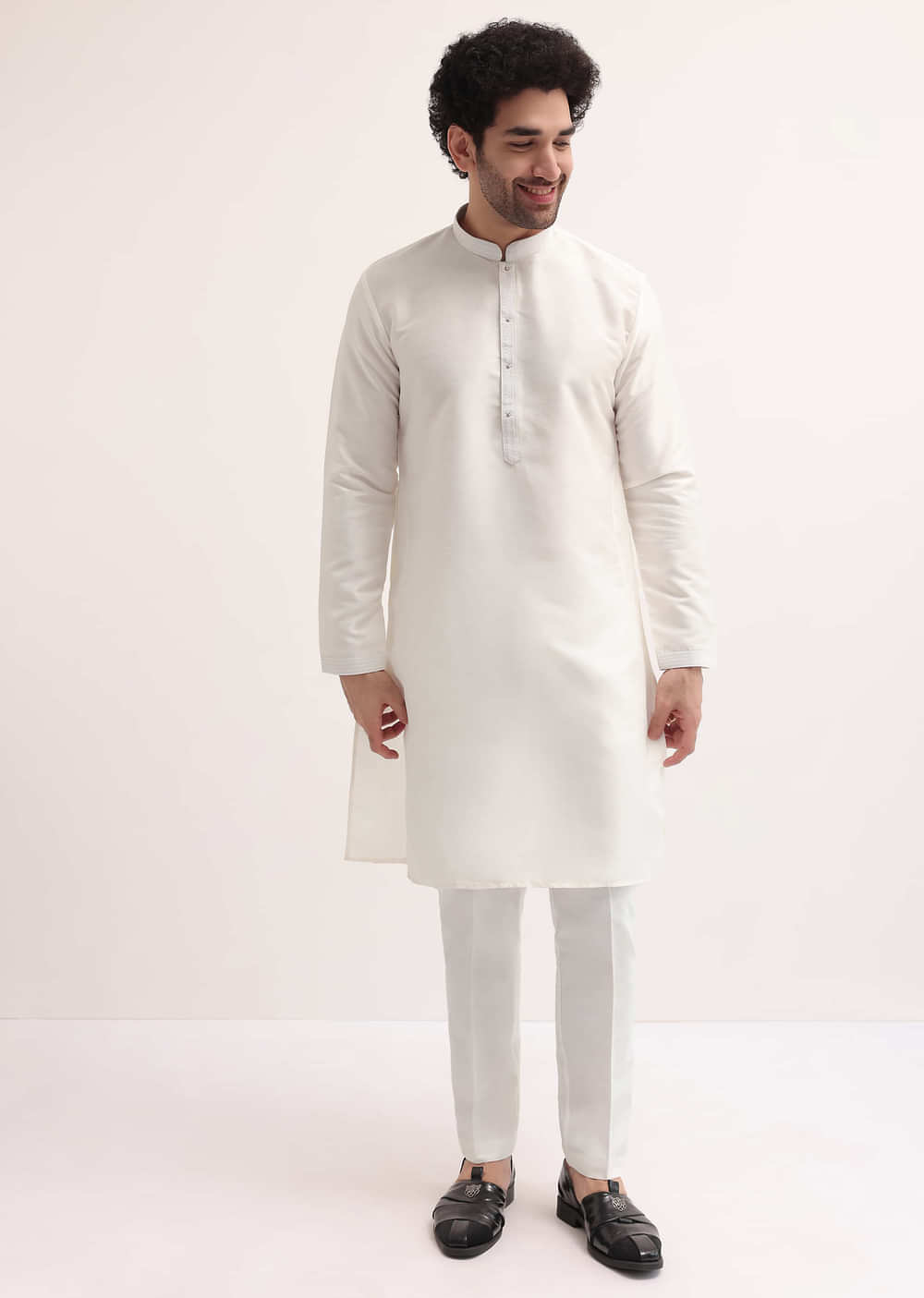 White Resham Work Kurta Jacket Set For Men