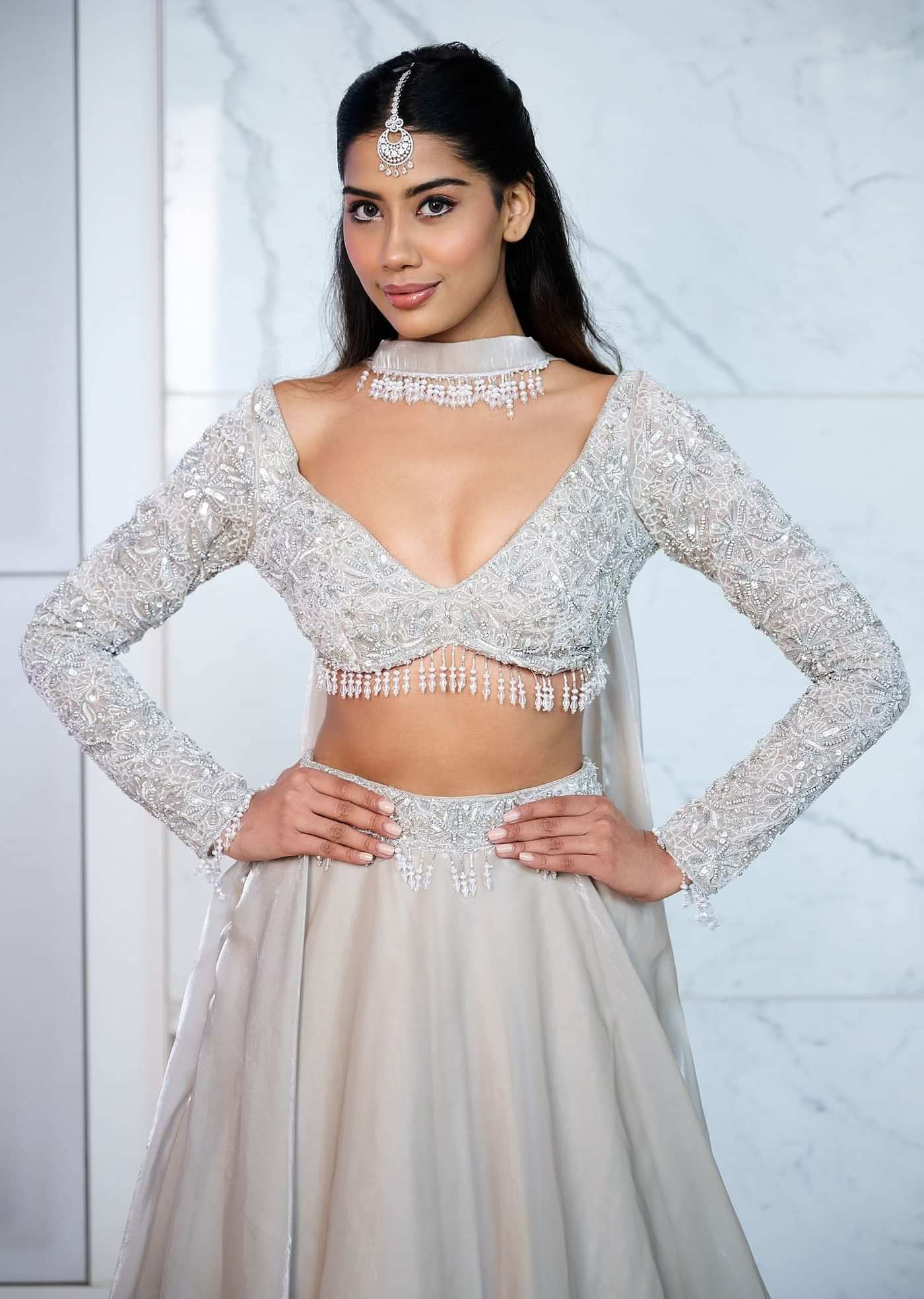 White Ruffle Lehenga With Blouse And Choker Dupatta