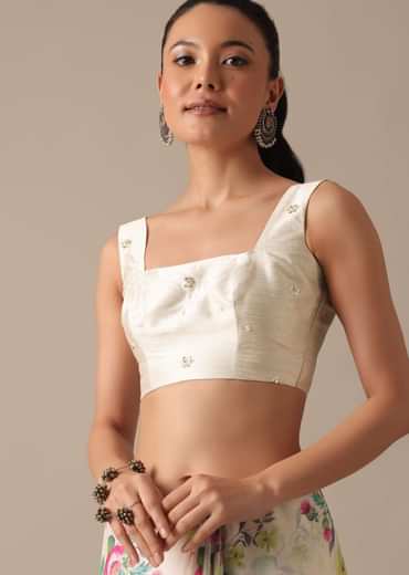 White Saree With Floral Prints And Unstitched Blouse Piece