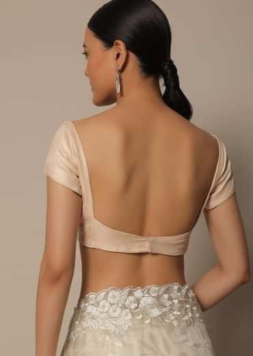 White Satin Saree With Floral Motif Thread Work And Unstitched Blouse Piece