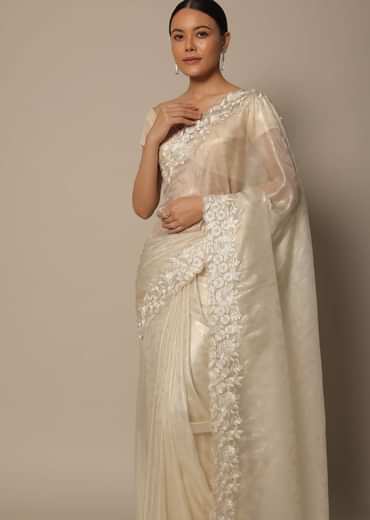 White Satin Saree With Floral Motif Thread Work And Unstitched Blouse Piece