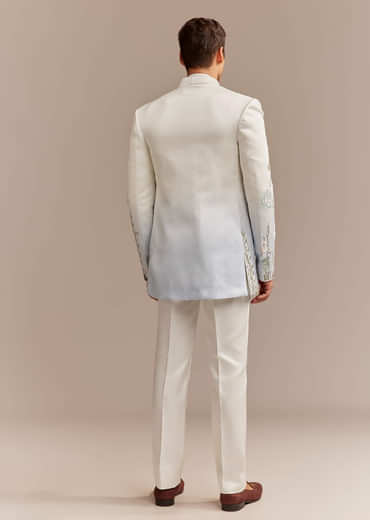 White Satin Silk Indo Western Set For Men With Pastel Embroidery