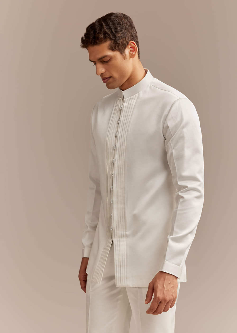 White Satin Silk Indo Western Set For Men With Pastel Embroidery