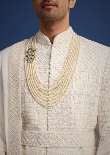 White Silk Embellished Sherwani Set With Kamarbandh