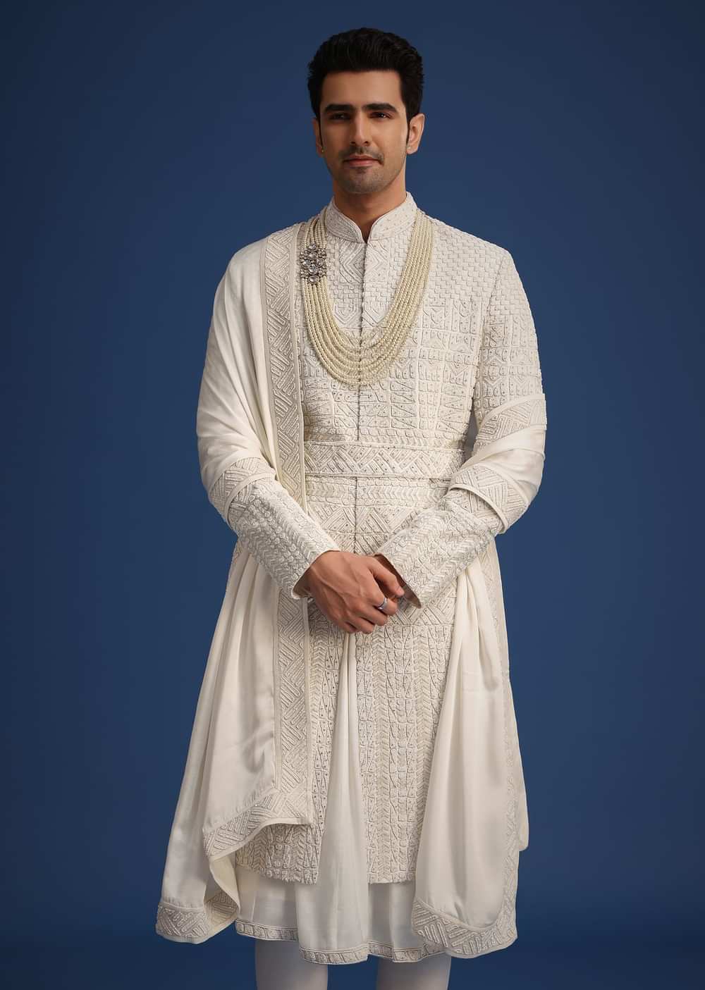 White Silk Embellished Sherwani Set With Kamarbandh