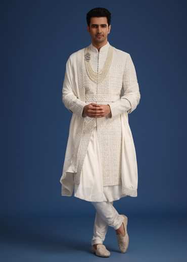 White Silk Embellished Sherwani Set With Kamarbandh