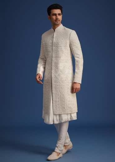 White Silk Embellished Sherwani Set With Kamarbandh