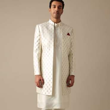 White Silk Embroidered Sherwani Set