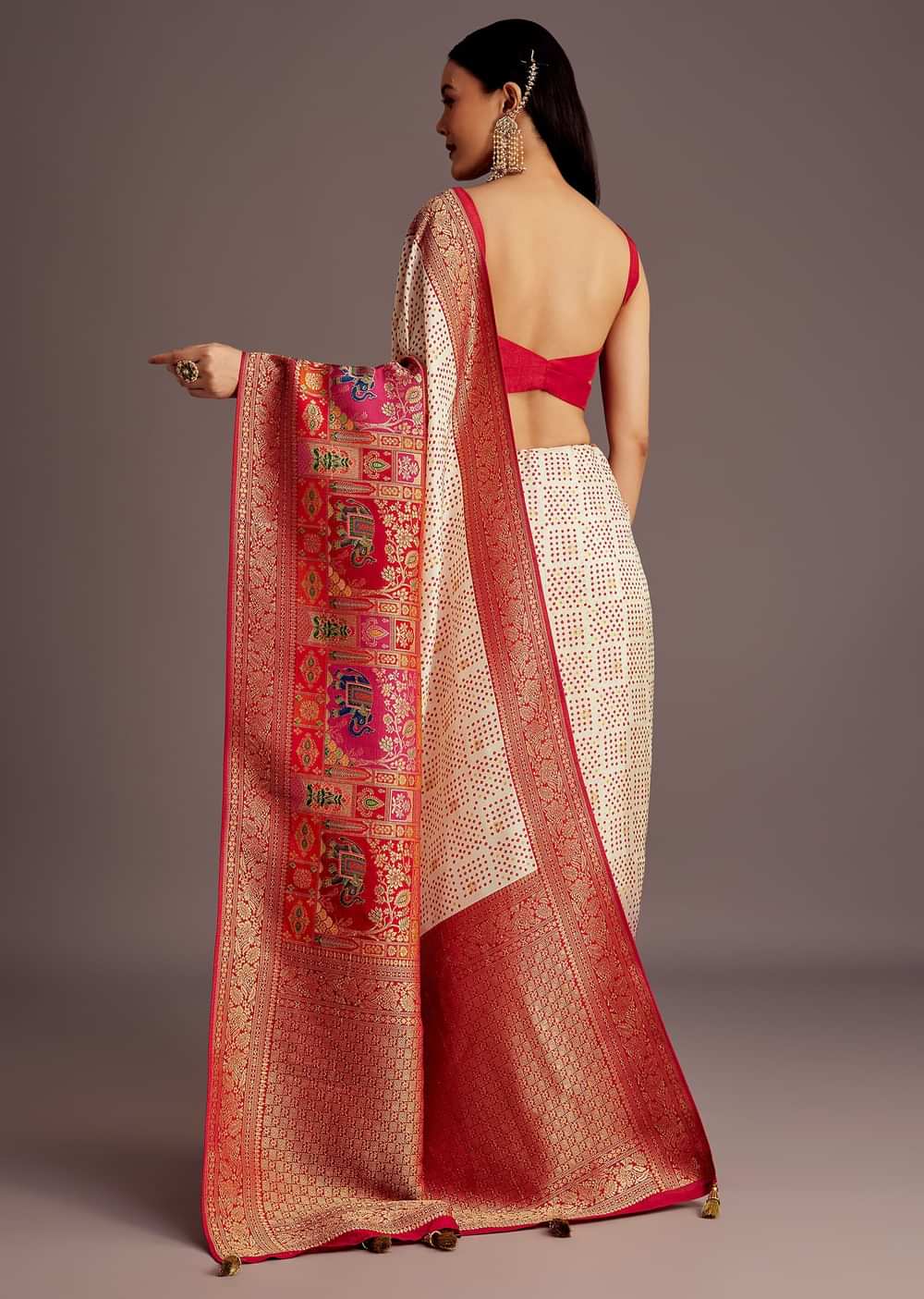 White And Red Silk Saree with Elephant Jamdani Print
