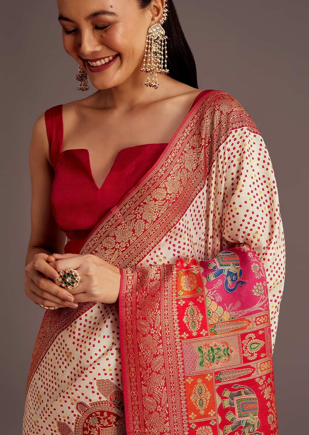 White And Red Silk Saree with Elephant Jamdani Print