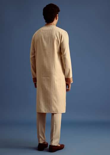 Beige Zari Floral Block Printed Kurta Set