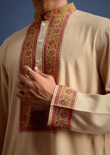 Beige Zari Floral Block Printed Kurta Set