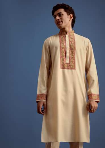 Beige Zari Floral Block Printed Kurta Set