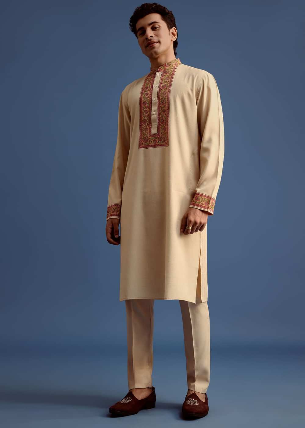 Beige Zari Floral Block Printed Kurta Set