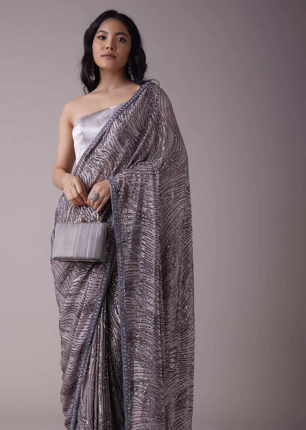 Grey Sequins Saree With An Embellished Border