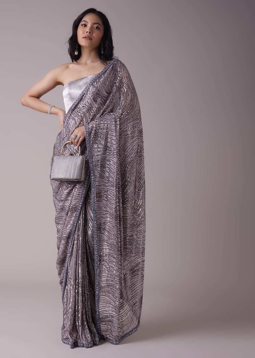 Grey Sequins Saree With An Embellished Border