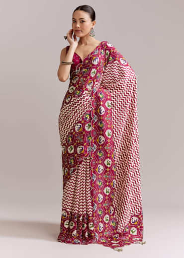 Wine And Off White Satin Saree With Ikat-Style Floral Birds Border