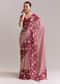 Wine And Off White Satin Saree With Ikat-Style Floral Birds Border