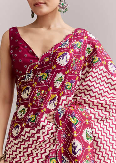 Wine And Off White Satin Saree With Ikat-Style Floral Birds Border