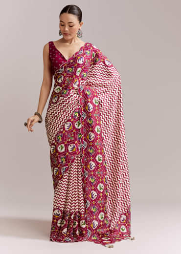 Wine And Off White Satin Saree With Ikat-Style Floral Birds Border